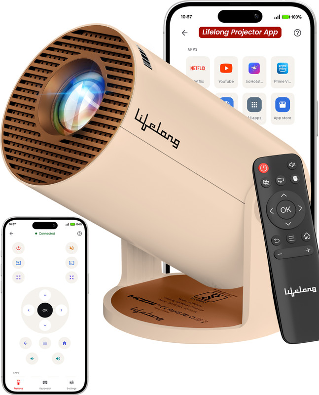 Lifelong Lightbeam Smart LED Projector, Android 14, 1080P/4K, 4000L, OTT Apps (4000 lm / 1 Speaker / Wireless / Remote Controller) Portable Projector(Beige)