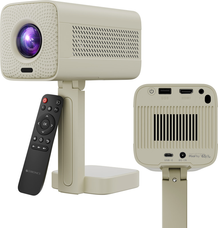 ZEBRONICS Zeb-Pixaplay 63 Plus (7000 lm / 1 Speaker / Wireless / Remote Controller) Portable with 1080p Support, Auto Keystone, Smart LED Projector, Built-in Apps, Screen Mirroring Projector(White)