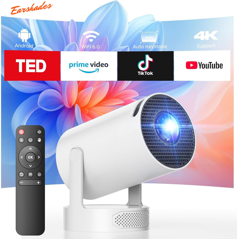 EarShades HY-300 4K Ultra HD Smart Mini Projector with WiFi, Android System E133 (4500 lm / 1 Speaker / Remote Controller) Portable Projector(White)