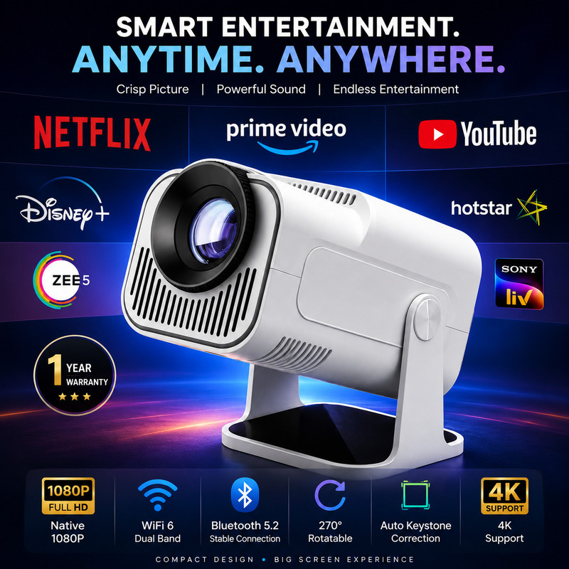 Reysol Native 1080P|4K Support|Android 14|WiFi 6|Auto Keyst|Bright 20000 Lumens (20000 lm / 1 Speaker / Wireless / Remote Controller) Portable Projector(White)