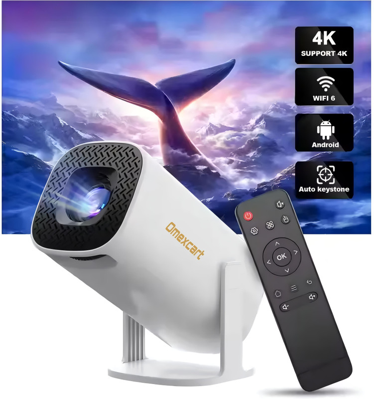 Omexcart 4K Decoding Android 11. WiFi 5G BT Inbuilt Netflix Prime Hotstar Auto Keystone (4000 lm / 1 Speaker / Wireless / Remote Controller) Portable Projector(White)