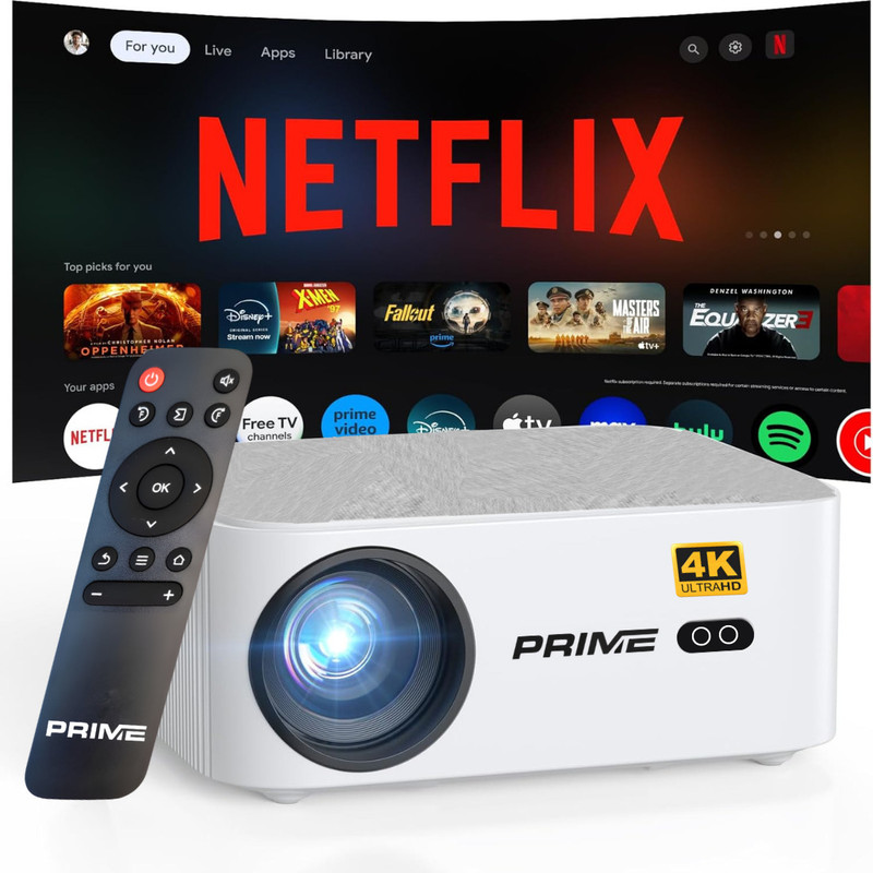Prime Projector PS5 QLED AI 5G Auto Focus Fully Automatic 4K Resolution, Ultra Bright (16000 lm / 2 Speaker / Wireless / Remote Controller) Portable Projector(100% Dust Proof Smart Projector with Android TV 9.O, WiFi, BT 5.1,White)