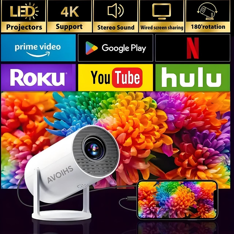 AVOIHS Smart 4K Projector Android 11 1080P WiFi 2500 Lumens Anykast Remote Controller (4500 lm / 1 Speaker / Wireless / Remote Controller) Portable Projector(White)