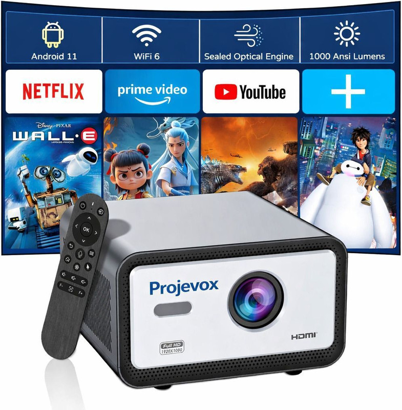 Projevox Android 11 WiFi 6 4K Support Smart Projector Auto Focus 2GB+32GB (30000 lm / 2 Speaker / Wireless / Remote Controller) Portable Projector(Black)