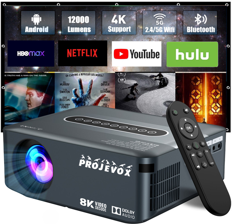 Projevox New Prizma-Vision Android 9.0 Full HD 2/16GB 5G WiFi/BT 5.0 Voic Control Remote (12000 lm / 2 Speaker / Wireless / Remote Controller) Portable Projector(Moondust Upgreded X-1)
