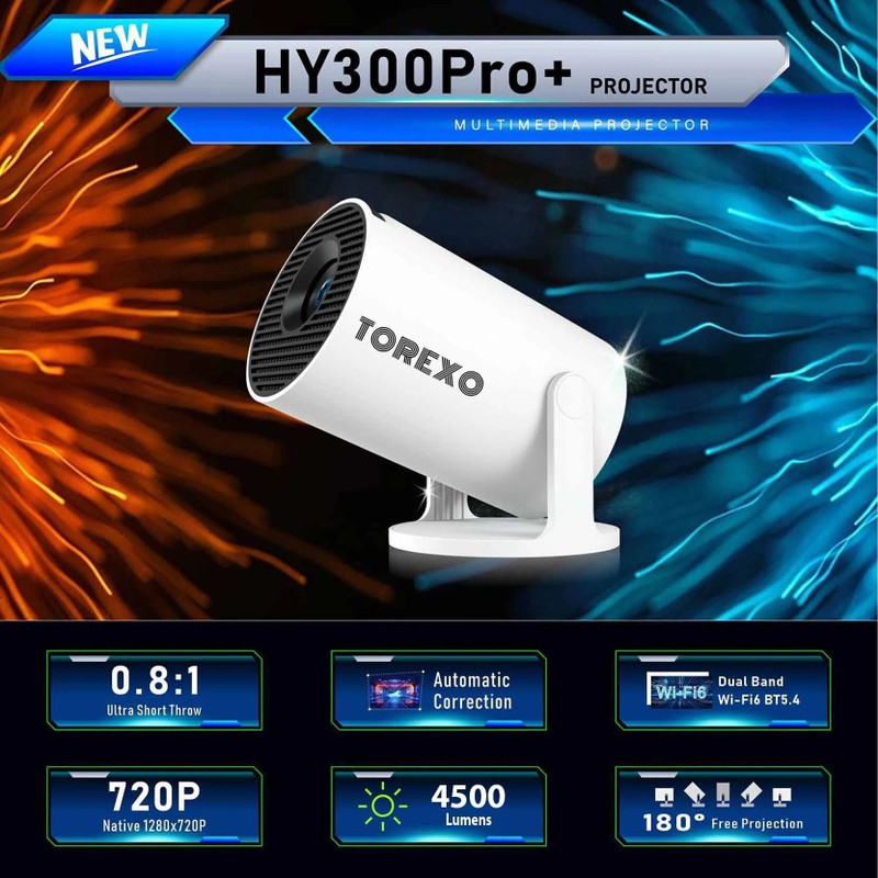 Torexo HY300PRO+ | 4K Support Native HD | 11 Android Projector |Freestyle WiFi Miracast (4500 lm / 1 Speaker / Wireless / Remote Controller) Portable Projector(White)