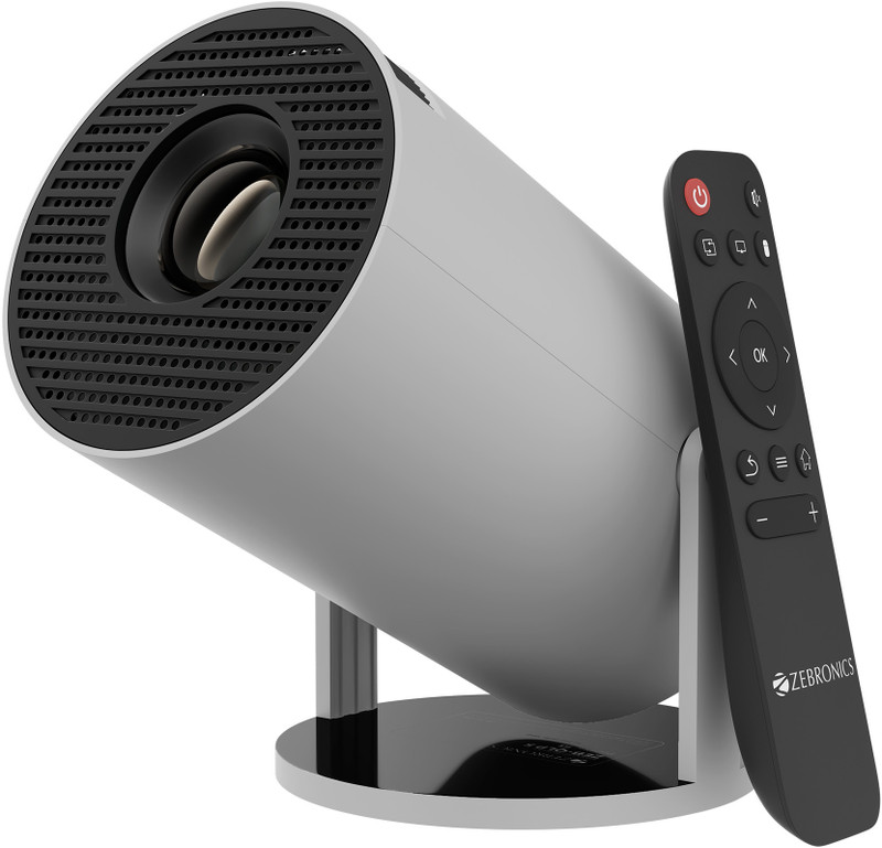 ZEBRONICS Zeb-QLP 5 [Pixaplay 73] (3300 lm) Portable 720p Native with 4K Support, OTT Apps (Netflix, PrimeVideo, Hotstar), 200-degrees Rotatable, Auto Keystone, Miracast, 3W Speaker, 130-inch Screen, WiFi|BT, Android Projector(Grey & Black)