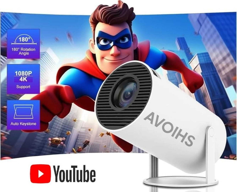 AVOIHS 4K SMART LED 3300 Lumen Brightness Movies Games 270° Rotation Remote Controller (4500 lm / 1 Speaker / Wireless / Remote Controller) Portable Projector(White)