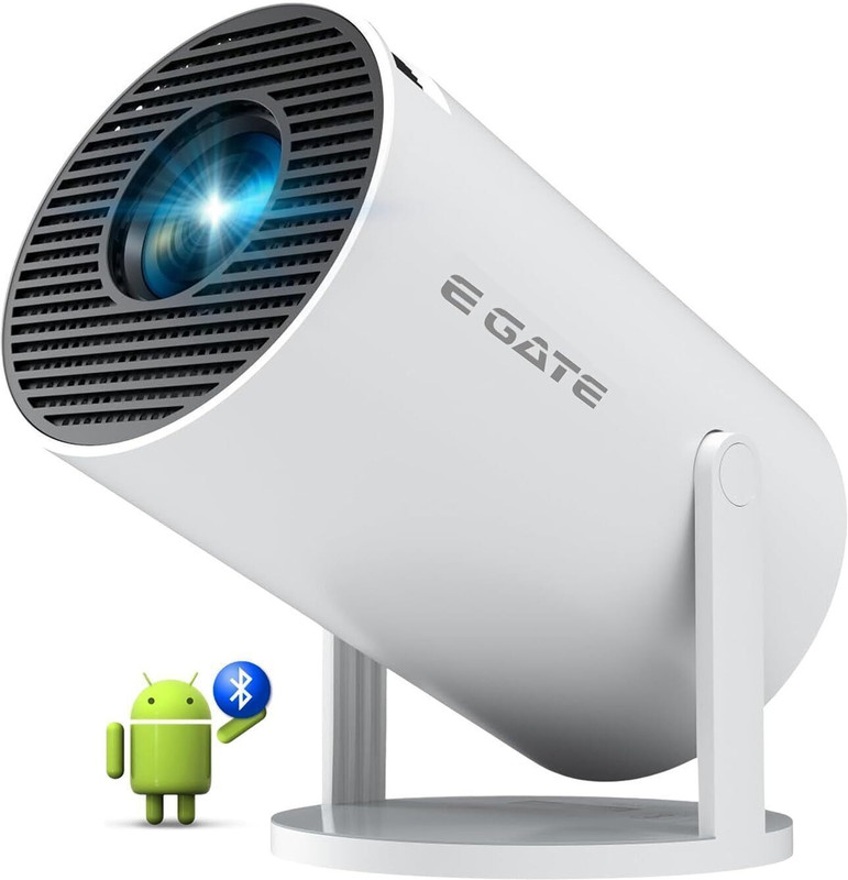 Egate Atom 2X (3500 lm / 1 Speaker / Wireless / Remote Controller) Android 13 | 200 ISO Lumens, 720p Native with 1080p & 4K Support | Manual Focus + Automatic Keystone with Netflix, Prime etc | WiFi 6 & BT, Screen Mirroring | 1GB RAM-8GB ROM Smart Projector(White)