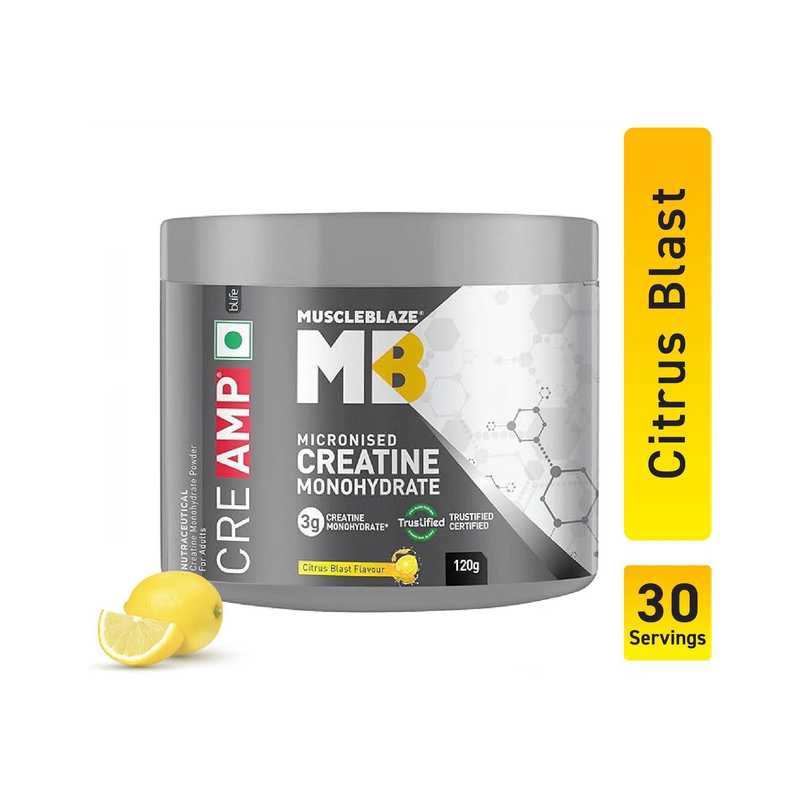 MUSCLEBLAZE Micronised Creatine Monohydrate CreAMP Powder, Trustified Certified Creatine(120 g, Citrus Blast)
