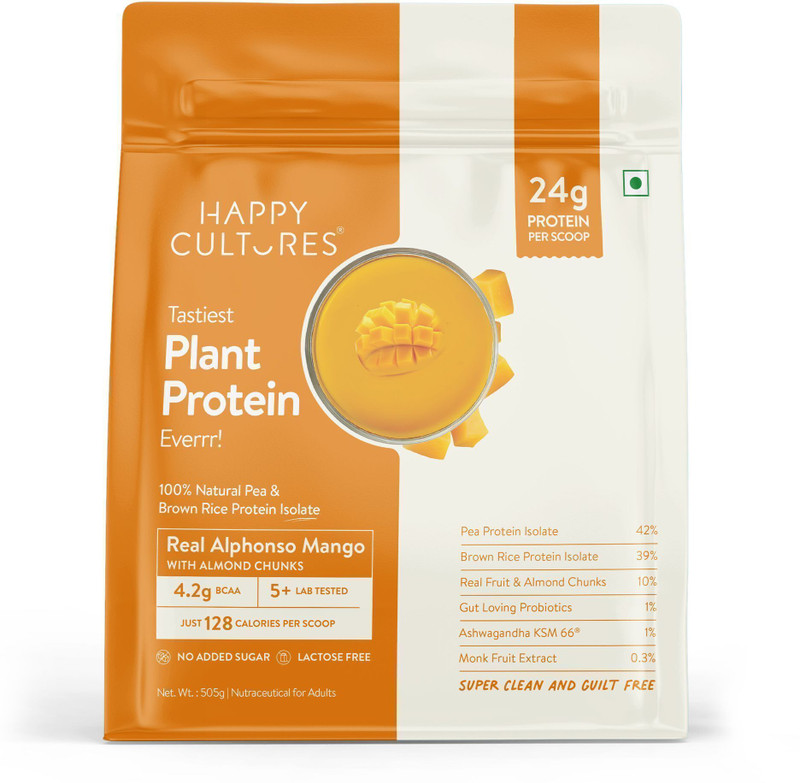 Happy Cultures 24g Mango Tastiest Plant Protein|18 Amino Acids & BCAA|High-Protein Nutrition Plant-Based Protein(505 g, Mango)