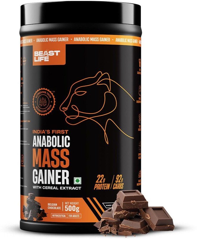 BeastLife High Rich Protein Gainer - No Maltodextrin Weight Gainers/Mass Gainers(500 g, Belgian Chocolate)
