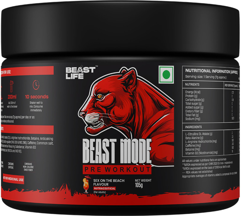 BeastLife Pre- Workout | 200mg Caffeine | For Pump, Focus, Energy, Strength & Endurance Pre Workout(105 g, Sex On The Beach)