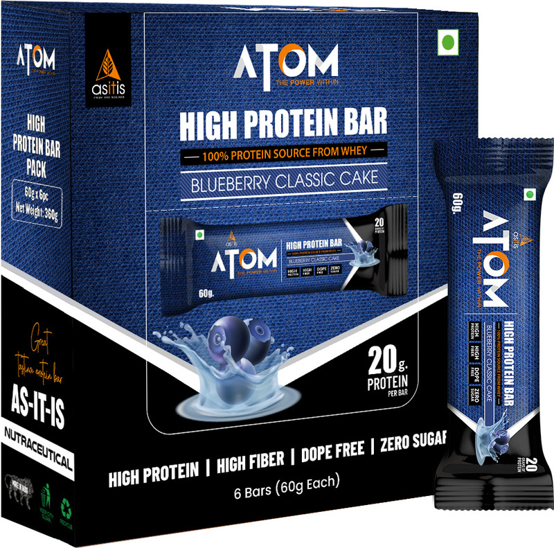 AS-IT-IS Nutrition ATOM High Protein Bar | 20g Protein | Pack of 6 (60g x 6) | Protein Bars(360 g, Blueberry Classic Cake)