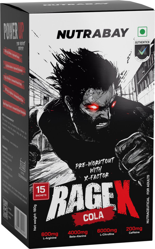 Nutrabay RageX Pre-Workout | L-Citrulline, Beta-Alanine, Caffeine | 15 Sachets | Pre Workout(180 g, Cola)