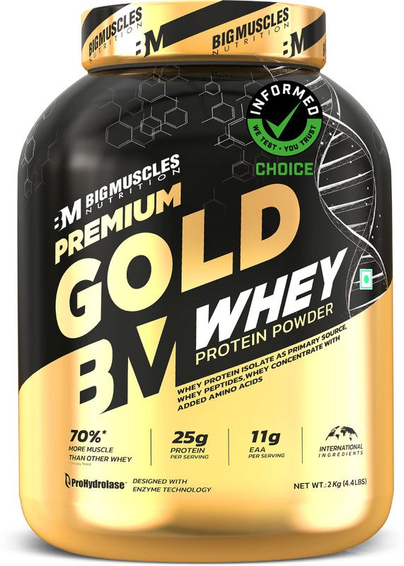 BIGMUSCLES NUTRITION Premium Gold | 25g Protein Per Serving, 0g Sugar,5.5g BCAA Whey Protein(2 kg, Belgian Chocolate)