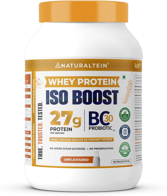 NATURALTEIN ISO BOOST – 27g Clean Protein with BC30 Probiotic | 3X Better Absorption Whey Protein(1 kg, Unflavoured)