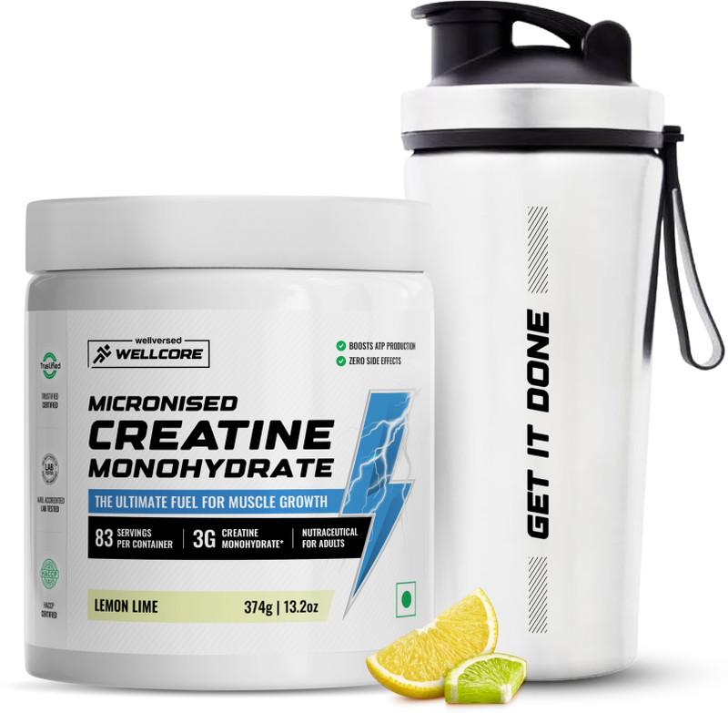 Wellcore Micronised Creatine Monohydrate + Steel Shaker | Trustified Certified Creatine(307 g, 1 No, Tropical Tango)