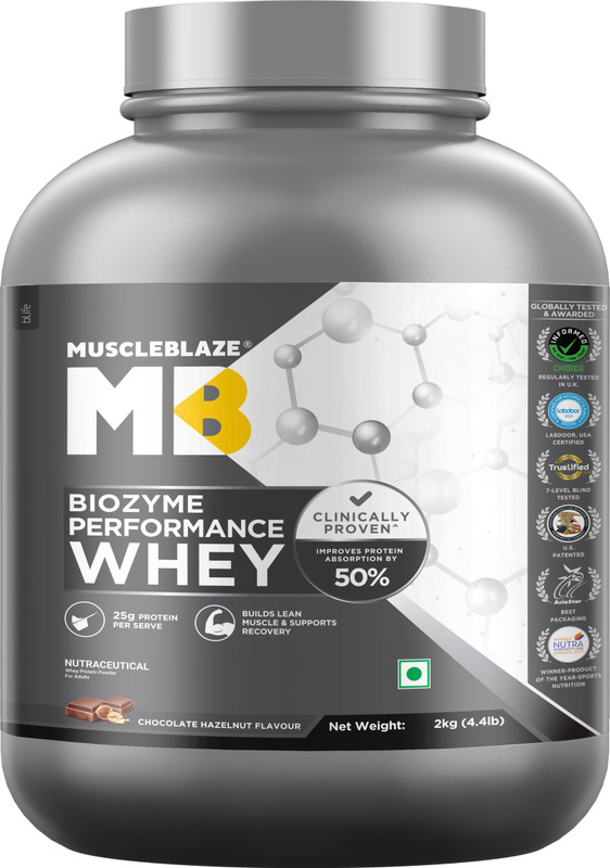 MUSCLEBLAZE Biozyme Performance Whey Protein Powder, 25g Protein Per Scoop Whey Protein(2 kg, Chocolate Hazelnut)