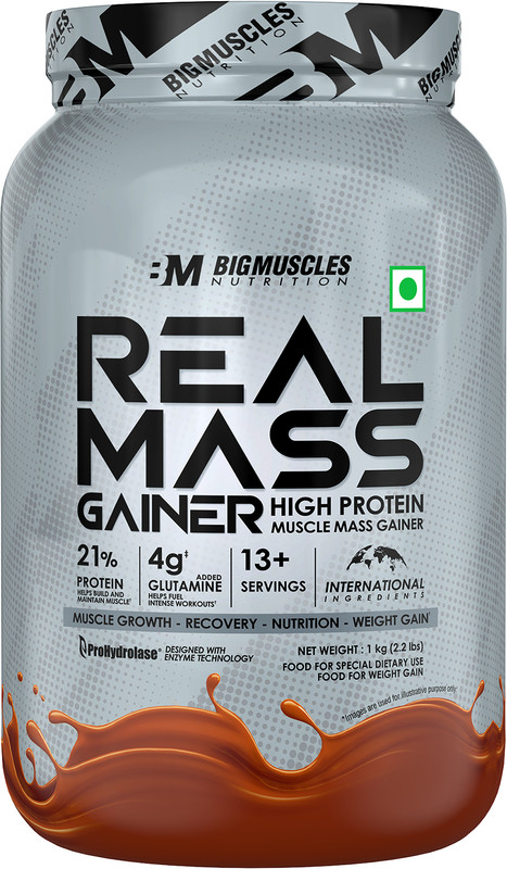 BIGMUSCLES NUTRITION Real | High Protein Muscles Mass Gainer | Added BCAA, Glutamine Weight Gainers/Mass Gainers(1 kg, Chocolate Brownie)