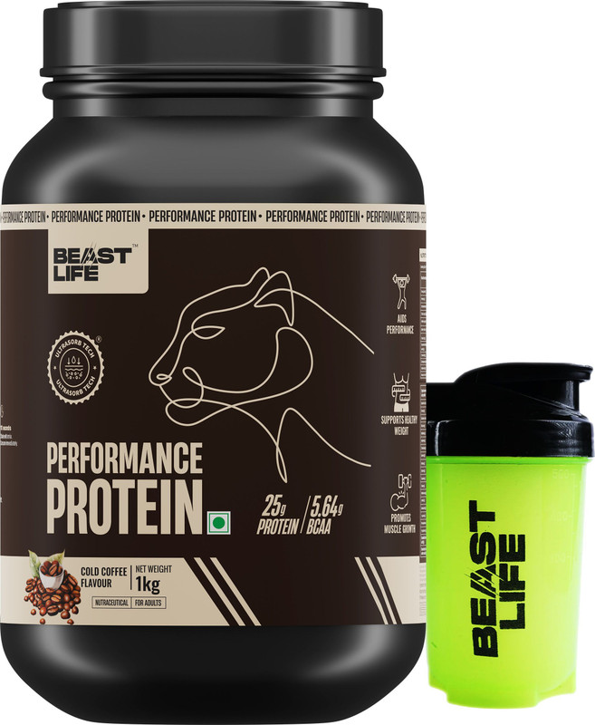 BeastLife Performance Protein Powder with Shaker- 25g Protein, 5.64g BCAA- Yeast Protein Yeast Protein(1 kg, 500 ml, Cold Coffee)