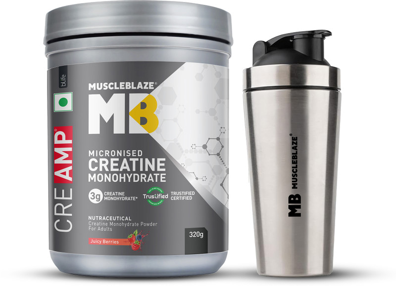 MUSCLEBLAZE Micronised Creatine Monohydrate CreAMP, Trustified Certified & Gym Steel Shaker Creatine(320 g, Juicy Berries)
