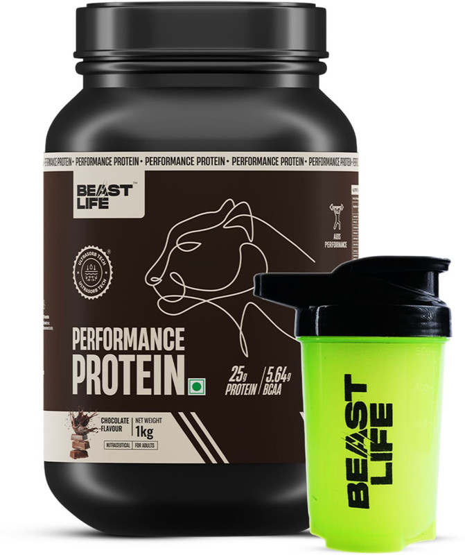 BeastLife Performance Protein Powder with Shaker- 25g Protein, 5.64g BCAA- Yeast Protein Yeast Protein(1 kg, 500 ml, Chocolate)
