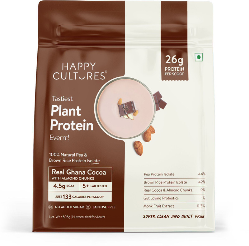 Happy Cultures 26g Chocolate Tastiest Plant Protein|4.5g BCAA, 18 Amino Acid| Vegan Plant-Based Protein(505 g, Chocolate)