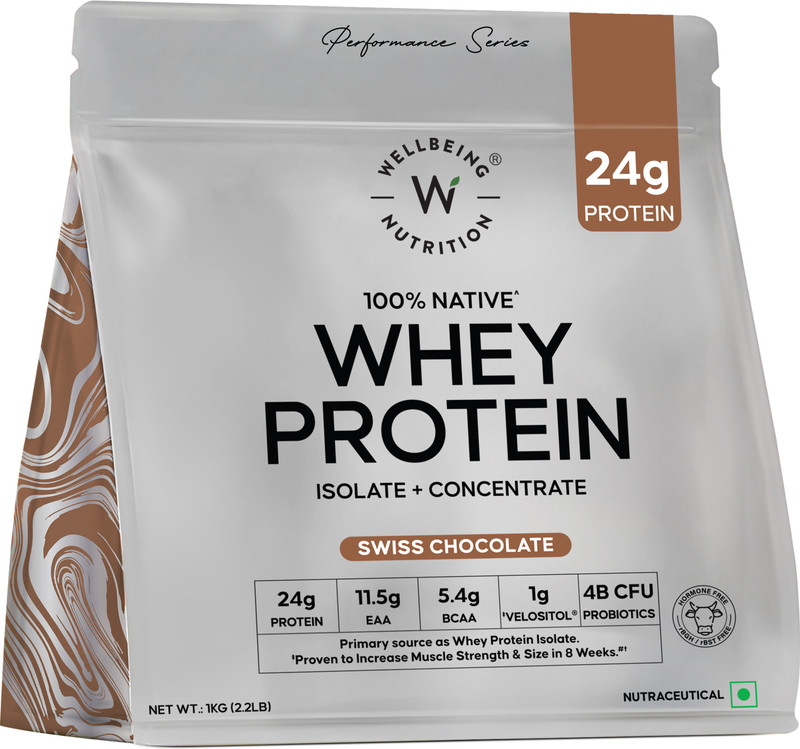 Wellbeing Nutrition Whey Protein Isolate + Concentrate, 24g Protein, 11.5g, BCAA 5.4g, 1g Glutamine Whey Protein(1 kg, Blend Swiss Chocolate)