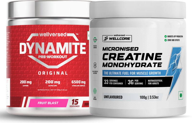 Wellversed Dynamite Pre-Workout + Wellcore Creatine Monohydrate Powder | Unleash Explosive Energy Pre Workout(210 g, 100 g, Fruit Blast, Unflavored)
