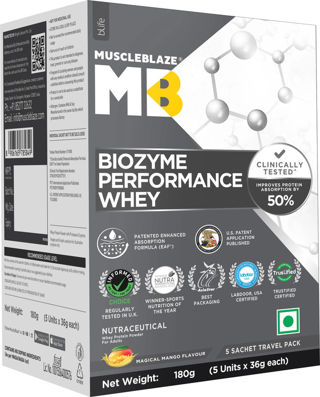 MUSCLEBLAZE Biozyme Performance, 5 Sachet Travel Pack (5x36g), 25g Protein Per Scoop Whey Protein(180 g, Rich Chocolate)