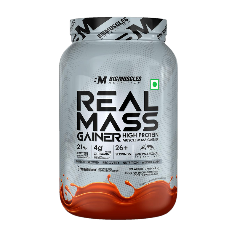 BIGMUSCLES NUTRITION Real Mass Gainer | Added Glutamine, BCAA | High Protein Weight Gainers/Mass Gainers(2 kg, Chocolate)