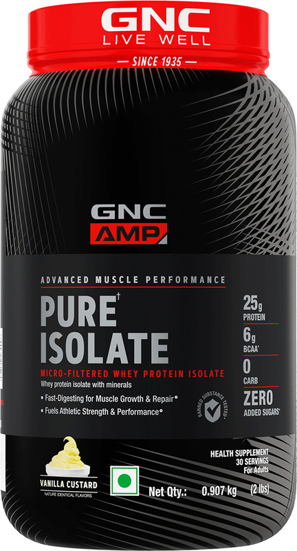 GNC AMP Pure Isolate Zero Carb | 25g Protein | 6g BCAA | Vanilla Custard | 2 lbs Whey Protein(2 pounds, Vanilla)