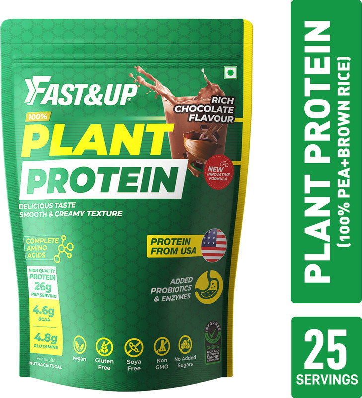 FAST&UP Plant Protein - 26g Certified Protein from USA with 4.6g BCAA, 4.8g Glutamine Plant-Based Protein(975 g, Rich Chocolate)