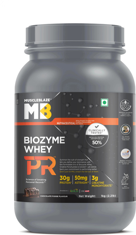 MUSCLEBLAZE Biozyme Whey PR with Creatine Monohydrate & AstraGin Whey Protein(2 kg, Chocolate Fudge)