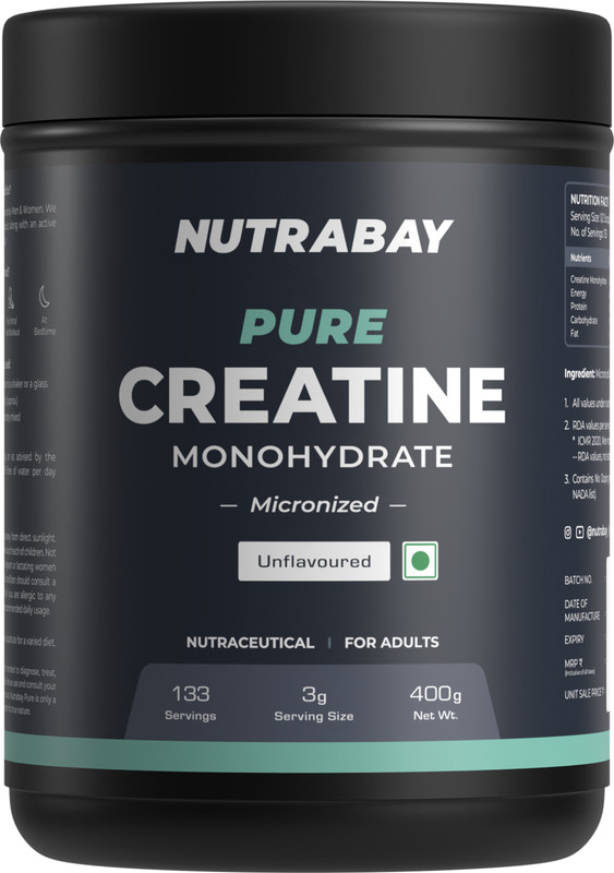 Nutrabay Pure Micronised Creatine Monohydrate | Pre/Post Workout Supplement -400 Gram Creatine(400 g, Unflavoured)