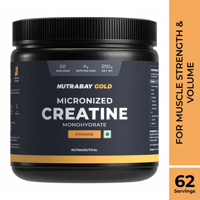 Nutrabay Gold Micronized Creatine Monohydrate, Pre/Post Workout, Flavoured Amino Acid Creatine(250 g, Orange)