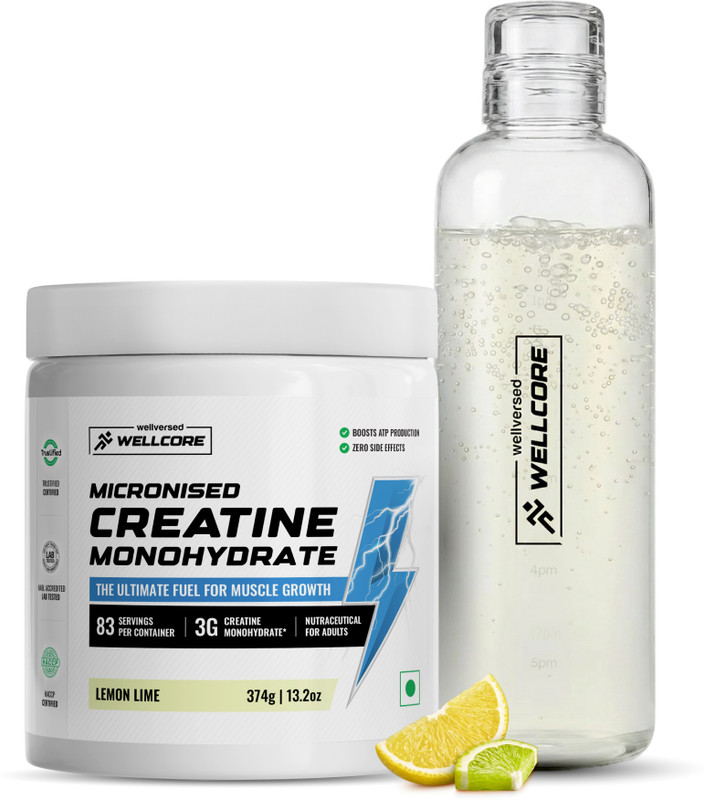 Wellcore Micronised Creatine Monohydrate (374g, Lemon Lime) + Premium Glass Bottle | Creatine(374 g, Lemon Lime)