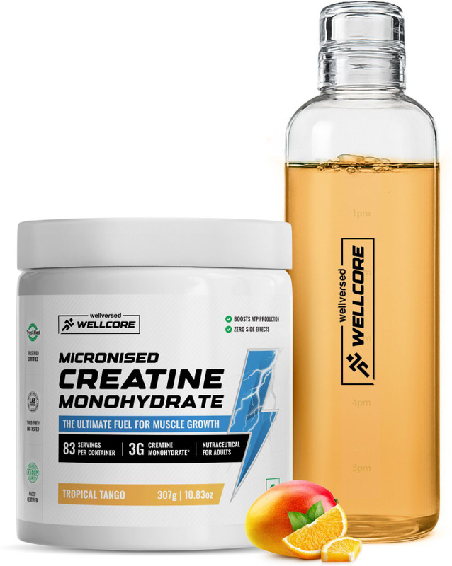 Wellcore Micronised Creatine Monohydrate (307g, Tropical Tango) + Premium Glass Bottle | Creatine(307 g, Tropical Tango)