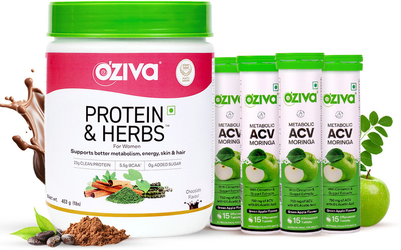 OZiva Protein & Herbs Women Weight loss with ACV Moringa To Control Cravings, No Sugar Whey Protein(453 g, 140 g, Chocolate, Apple Cider Vinegar Green Apple)