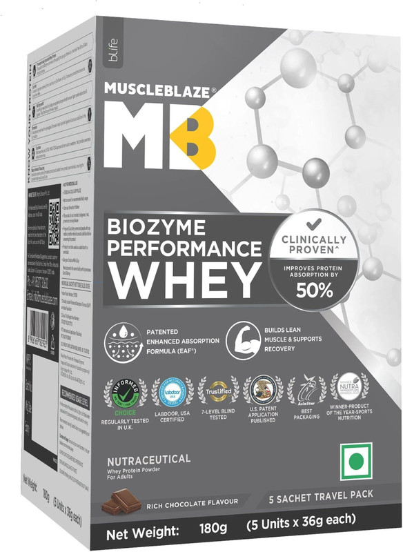 MUSCLEBLAZE Biozyme Performance, 5 Sachet Travel Pack (5x36g), 25g Protein Per Scoop Whey Protein(180 g, Rich Chocolate)