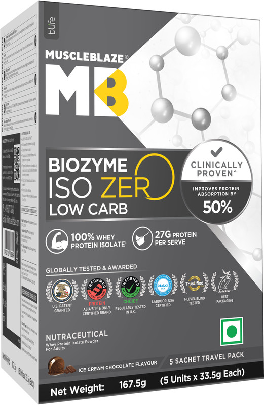 MUSCLEBLAZE Biozyme Iso-Zero,Low Carb Isolate, 5 Sachet Travel Pack (5x33.5g), 27g Per Scoop Whey Protein(167.5 g, Ice Cream Chocolate)
