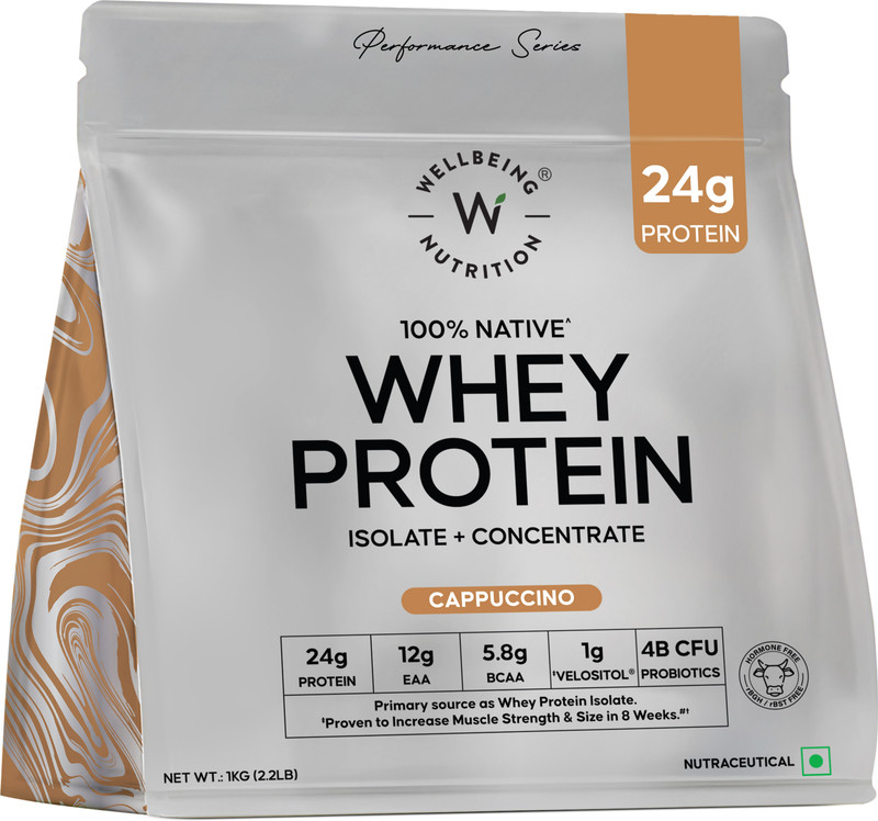 Wellbeing Nutrition Whey Protein Isolate + Concentrate, 24g Protein, 12g EAA, 5.8g BCAA Whey Protein(1 kg, CAPPUCCINO)