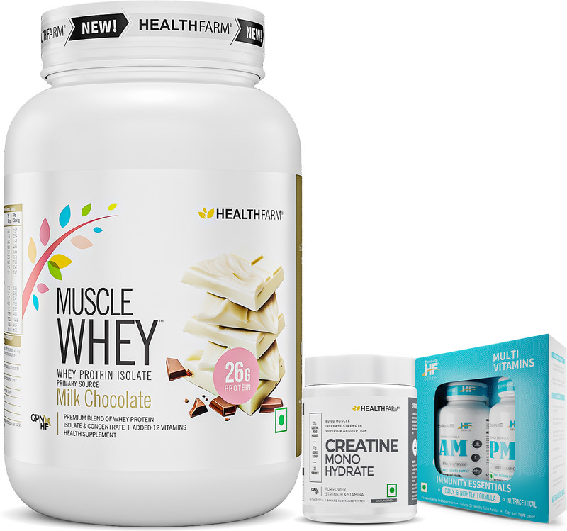 HEALTHFARM Muscle Whey 1kg Milk Chocolate Creatine 100g &amp; Multivitamin Combo Whey Protein(1 kg, Milk Chocolate)