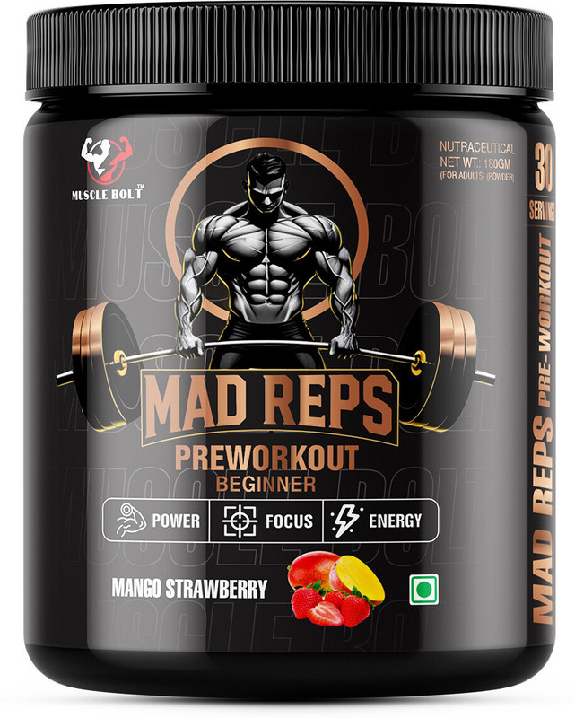 MUSCLEBOLT Beginners Pre-Workout Supplement Creatine Monohydrate,Beta-Alanine,30 Servings Pre Workout(180 g, Strawberry Mango Flavour)