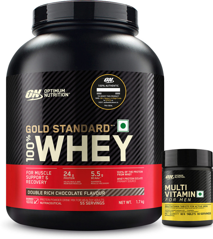 Optimum Nutrition (ON) Gold standard 100% Protein Powder 1.7 Kg + Mulivitamin for men (60 tablets) Whey Protein(1.76 kg, Double Rich Chocolate)