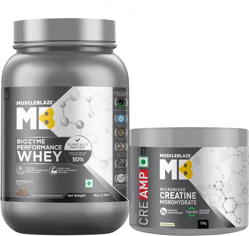 MUSCLEBLAZE Biozyme Performance Whey Protein Powder & Micronised Creatine Monohydrate CreAMP Whey Protein(1.1 kg, Rich Chocolate)