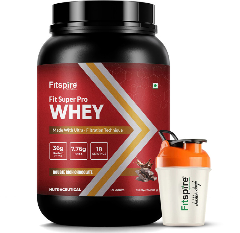 Fitspire Fit Super Pro Whey Protein with Shaker | 36g Protein per 100g Serving Whey Protein(907 g, Double Chocolate)