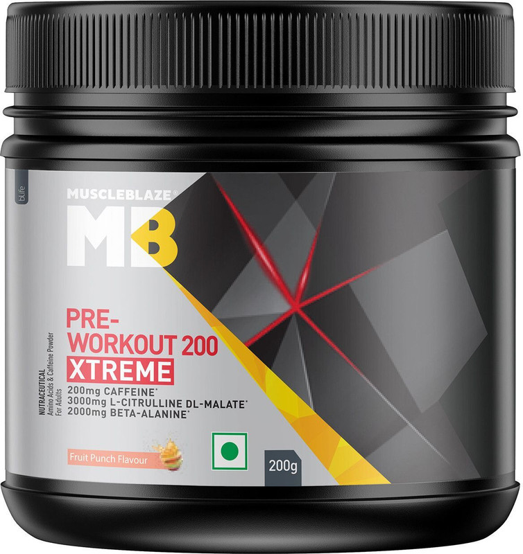 MUSCLEBLAZE 200 Xtreme, 200mg Caffeine, 2000mg Beta Alanine, 3000mg Citrulline Pre Workout(200 g, Fruit Punch)