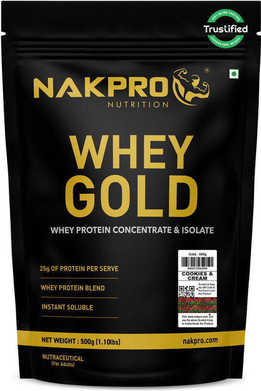 Nakpro GOLD 100% Whey Protein Concentrate Supplement Powder Whey Protein(500 g, Cookies & Cream)